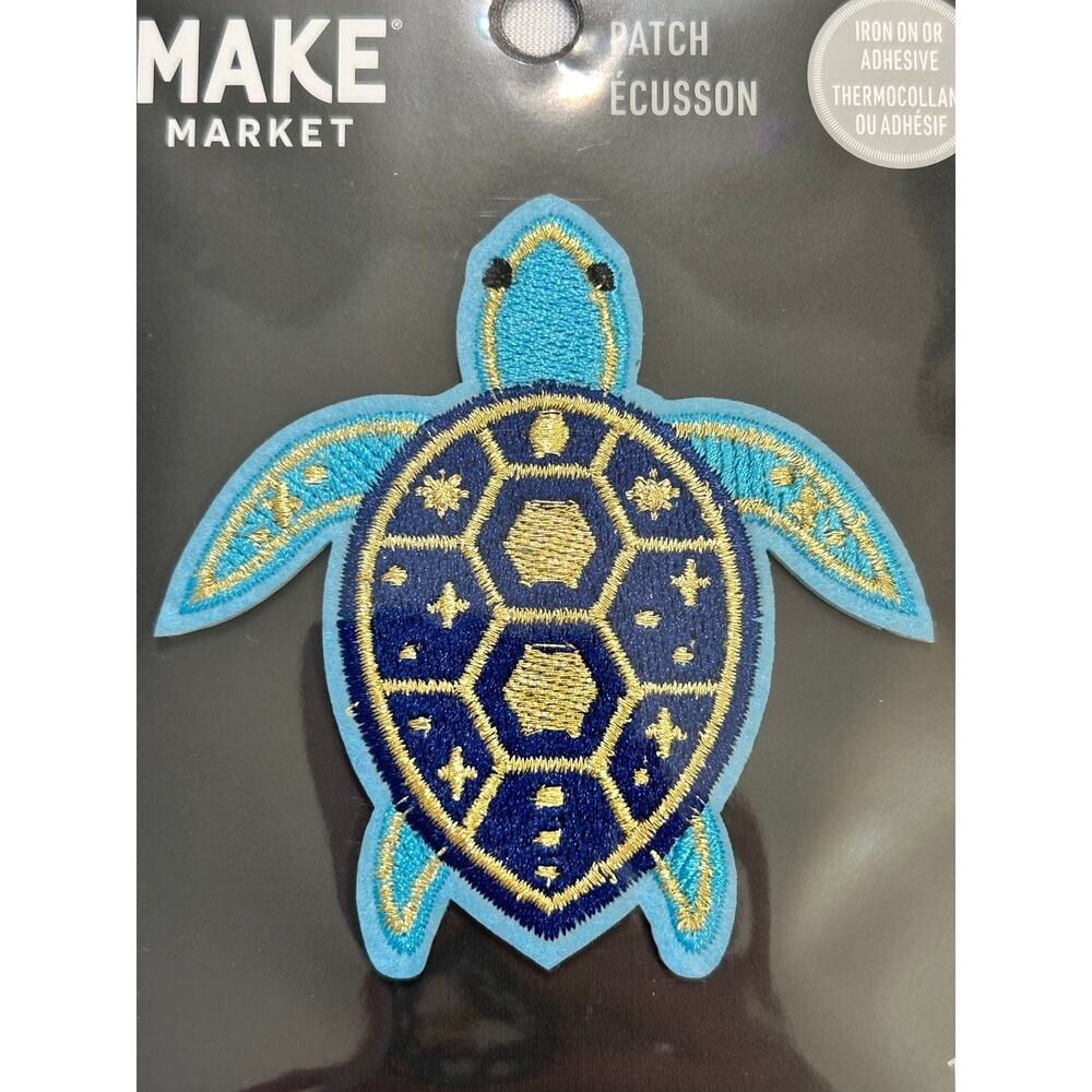 Embroidered Celestial Turtle Patch Blue Gold Iron On Permanent Or Temporary NWT